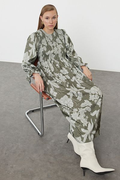 Trendyol Modest Green Floral Printed Elastic Dress - TCTSS24EB00109