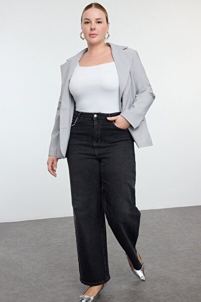 Trendyol Curve Antracit magas derekú zsebek, kő széles szárú, nagy méretű farmernadrág