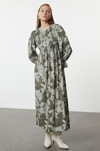 Trendyol Modest Green Floral Printed Elastic Dress - TCTSS24EB00109
