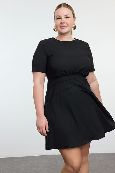 Trendyol Curve Black Mini Draped - Thin Padded A-Shape Woven Dress, Short Sleeve