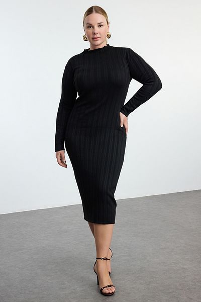 Trendyol Curve Premium Corded Black Knitwear Dress - Stand Collar TBBAW25AH00023