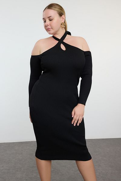 Trendyol Curve Ribbed Midi Knitwear Dress - Halter Neck, Black TBBAW25AH00025