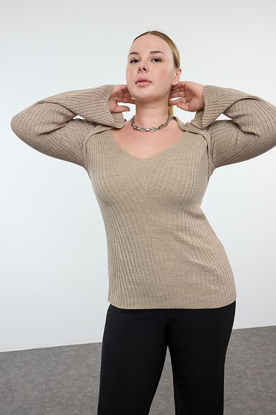 Trendyol Curve Corded Mink Knitwear Sweater - Wide Collar TBBAW24AN00033