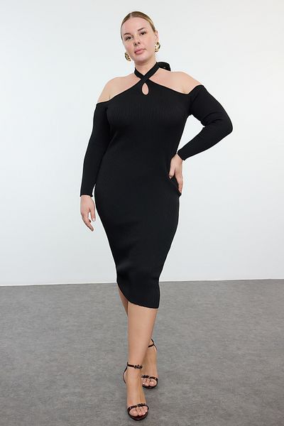 Trendyol Curve Ribbed Midi Knitwear Dress - Halter Neck, Black TBBAW25AH00025