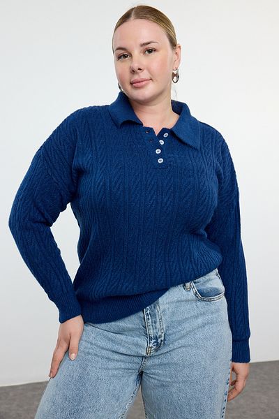 Trendyol Curve Pletený svetr InDigo - límeček s úpletem do vlasů a knoflíky TBBAW25AN00016