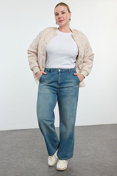 Trendyol Curve Magas derekú, széles lábú, nagyméretű kék ​​farmernadrág - TBBSS24CJ00048