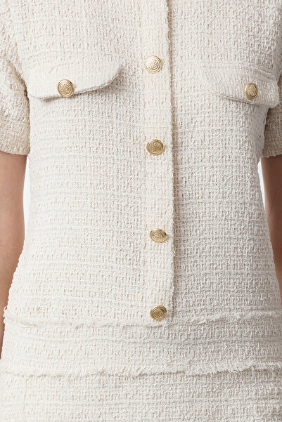 Trendyol Collection A-line mini tvídové šaty - detail na knoflík, Ecru Twoaw25el00168