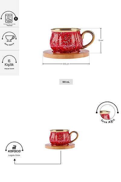 Karaca Rotes Kaffeetassen-Set für 6 Personen mit Bambustablett als Geschenk, 90 ml