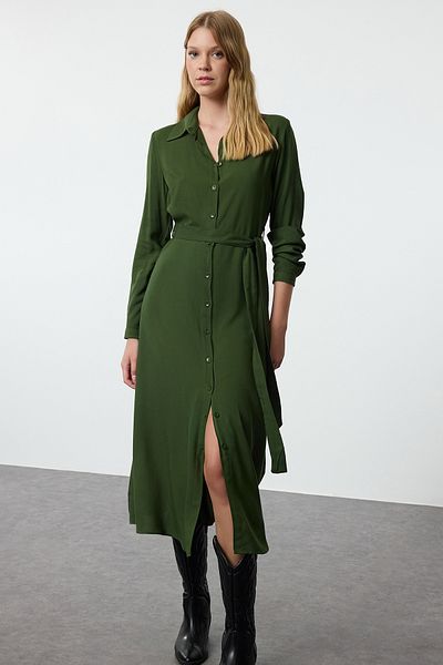 Trendyol Collection Viskóz midi ing ruha - sötétzöld, öves Twoaw25el00436