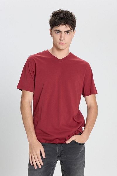 AC&Co / Altınyıldız Classics Men's 100% Cotton V-Neck Claret Red Slim Fit Slim Fit T-Shirt