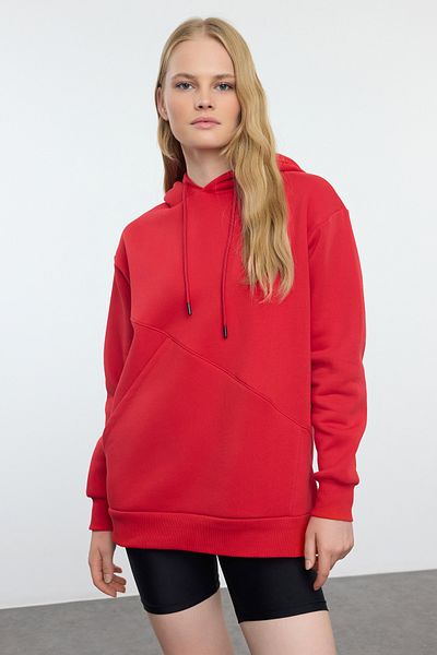 Trendyol Collection Red Oversize Fleece Hooded Knitted Sweatshirt - Pocket Detail, Thick Inner Twoaw25sw00011