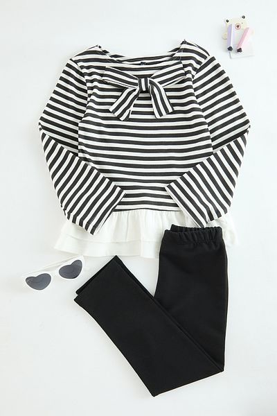TRENDYOLKIDS Set hanorac și pantaloni de trening cu dungi din bumbac negru pentru fete - TKDAW25AU00053