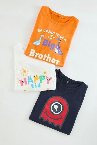 TRENDYOLKIDS Orange-Navy-Blue-Ecru 3-Piece Printed Cotton T-Shirt Set for Boys - Tkdaw25Ts00012