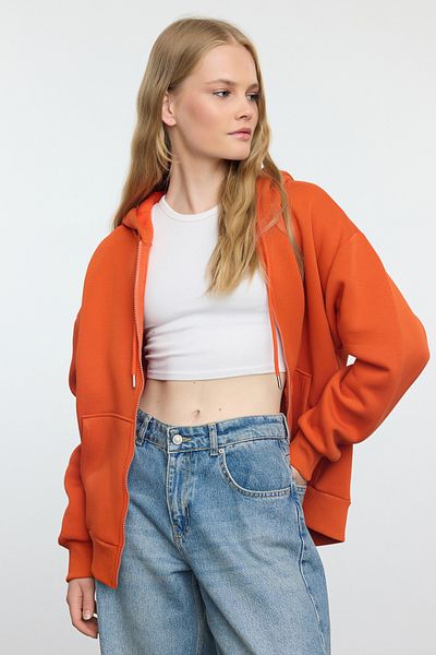 Trendyol Collection Ziegelfarbenes, übergroßes Fleece-Sweatshirt mit Kapuze und Reißverschluss - TWOAW21sw0840