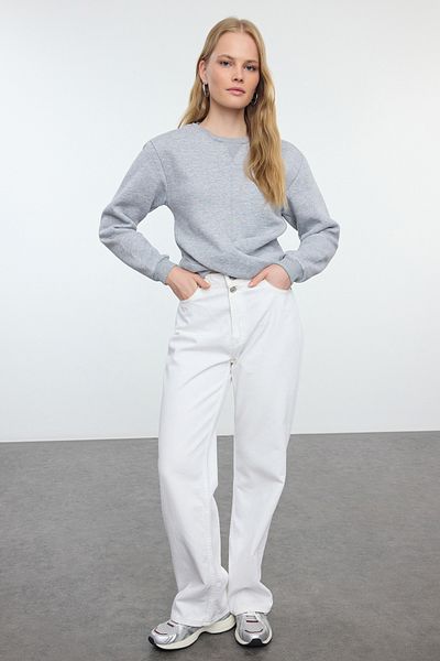 Trendyol Collection Fleece Gray Knitted Sweatshirt - Crew Neck, Thick Inside, Twist Detail, Crop - TWOAW25SW00081