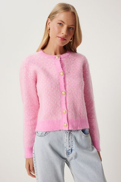 Happiness İstanbul Cardigan roz pentru femei - cu nasturi și textura moale PF00082