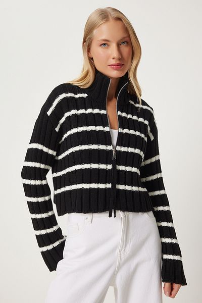 Happiness İstanbul Black Striped Zippered Knitwear Cardigan - Stand Collar Pf00081