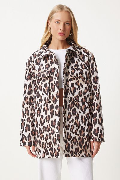 Happiness İstanbul Dámská bunda Puffer s leopardím vzorem černá béžová - Nt00432