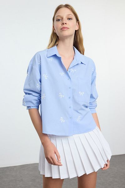 Trendyol Collection Light Blue Embroidered Woven Shirt - Bow Detail Twoaw25Go00076