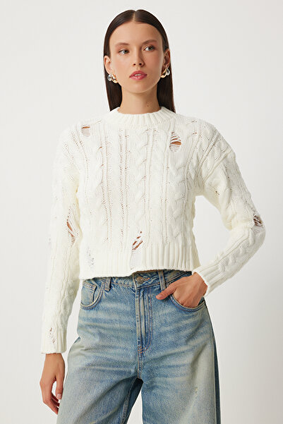 Happiness İstanbul Braided Knitwear Sweater - Women, Bone Ripped Detail, Fn03339