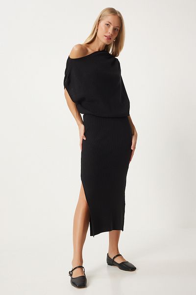 Happiness İstanbul Black One-shoulder Knitwear Blouse and Skirt Set - Fn03355