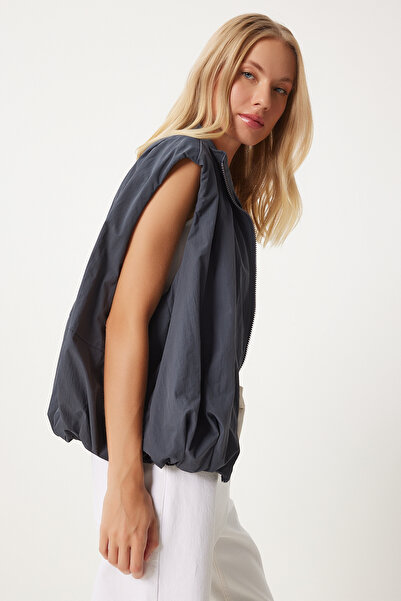 Happiness İstanbul Kadın Füme Dik Yaka Beli Lastikli Paraşüt Yelek RG00041