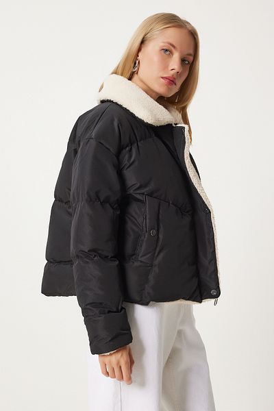 Happiness İstanbul Černá plyšová bunda Puffer - dámská Nt00431