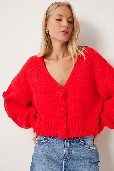 Happiness İstanbul Cardigan de damă cu flori cu pompon roșu - PF00078