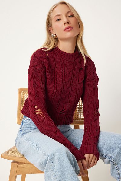 Happiness İstanbul Weinroter Strickpullover – zerrissenes Detail, gestrickt, FN03339