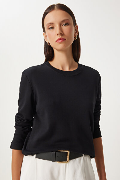 Happiness İstanbul Basic Schwarze Strickbluse - Damen Baumwolle NJ00155