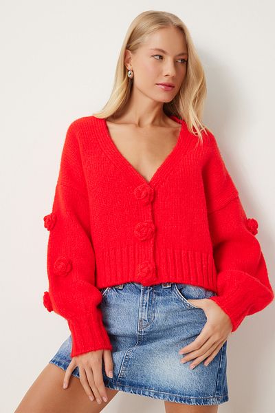Happiness İstanbul Cardigan de damă cu flori cu pompon roșu - PF00078