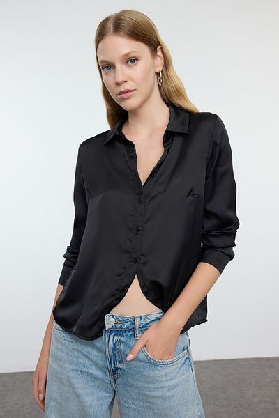 Trendyol Collection Cămașă țesătă obișnuită din țesătură din satin negru TWOAW25GO00100