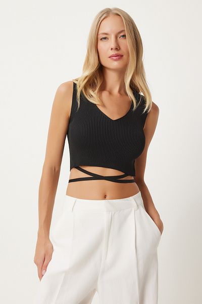 Happiness İstanbul V-neck Ribbed Knitwear Blouse - Women's, Black with Tie Detail Fn03357