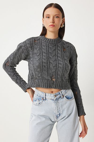 Happiness İstanbul Grauer geflochtener Strickpullover mit zerrissenen Details für Damen - Fn03339