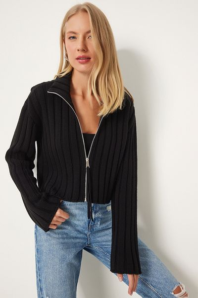 Happiness İstanbul Black Knitwear Cardigan - Zippered, Stand Collar, Pf00080