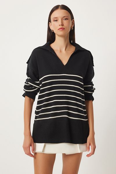 Happiness İstanbul Black Striped Oversize Knitwear Sweater - Shawl Collar Fn03345