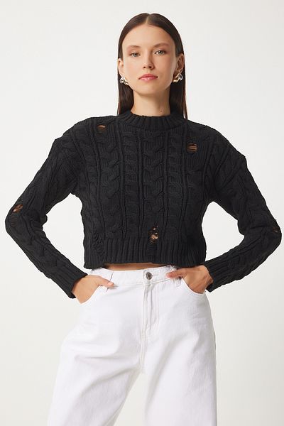 Happiness İstanbul Schwarzer geflochtener, zerrissener Strickpullover für Damen - FN03339