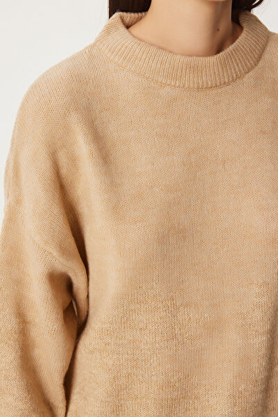 Happiness İstanbul Soft Knitwear Oversize Women's Sweater - Biscuit Fn03336