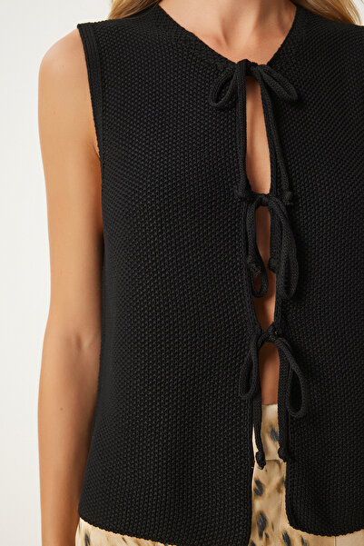 Happiness İstanbul Black Knitwear Vest - Lace-up, Women's, Us00923