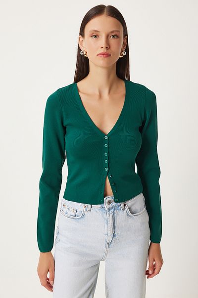 Happiness İstanbul Grüner Strickcardigan mit V-Ausschnitt für Damen - Fn03356