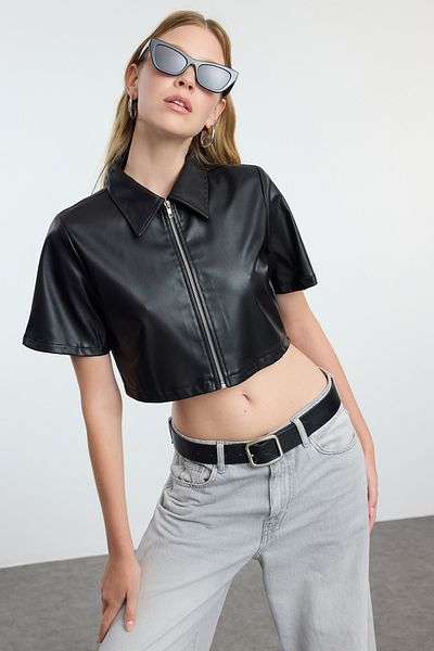 Trendyol Collection Черно изтъкано яке от изкуствена кожа - стандартно кроене TWOAW25CE00060