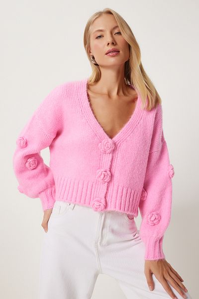 Happiness İstanbul Cardigan tricotaj pentru femei cu pompon roz - PF00078