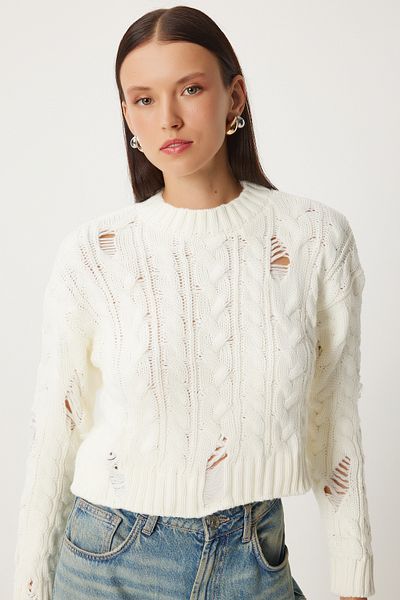 Happiness İstanbul Braided Knitwear Sweater - Women, Bone Ripped Detail, Fn03339