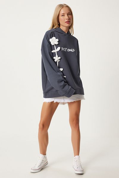 Happiness İstanbul Gray Floral Detailed Hooded Women's Sweatshirt - Vn00010