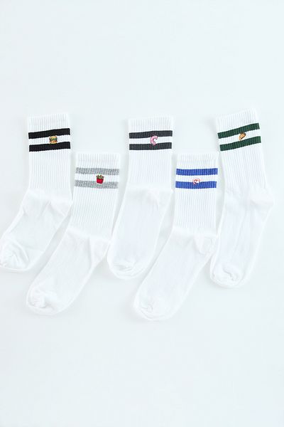 Trendyol Collection Unisex bílé vyšívané bavlněné pruhované College tenisové střední ponožky sada 5 ks - TMNAW25CO00022