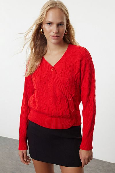 Trendyol Collection Asymmetric Red Knitwear Cardigan - Button Detail, TWOAW25HI00012