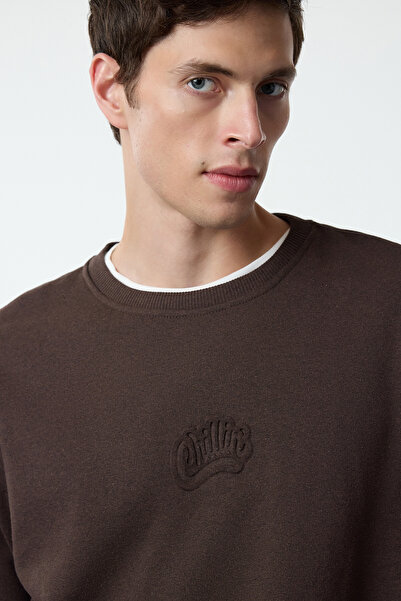 Trendyol Collection Тъмнокафяв суитшърт с релефен щампован полар - Tmnaw25Sw00053