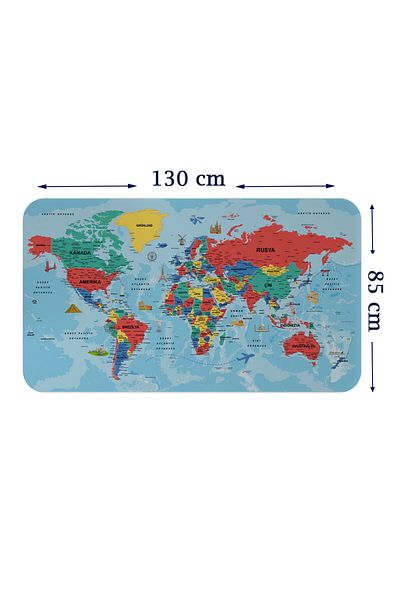 Dropcek eticaret World Map Wall Sticker - Turkish Educational, Country and Capital Ocean Detailed, 85X130-3863