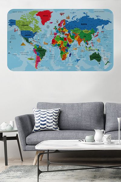 Dropcek eticaret Turkish Educational World Map Atlas - Ocean Detailed, 60x105cm Wall Sticker -3866
