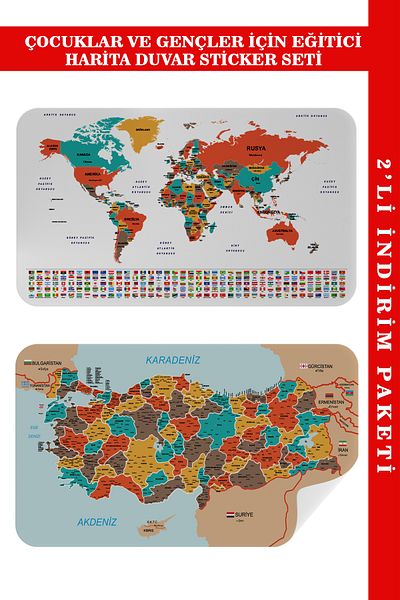 Dropcek eticaret World and Turkey Map - Children's Room Wall Sticker 60x105-3886